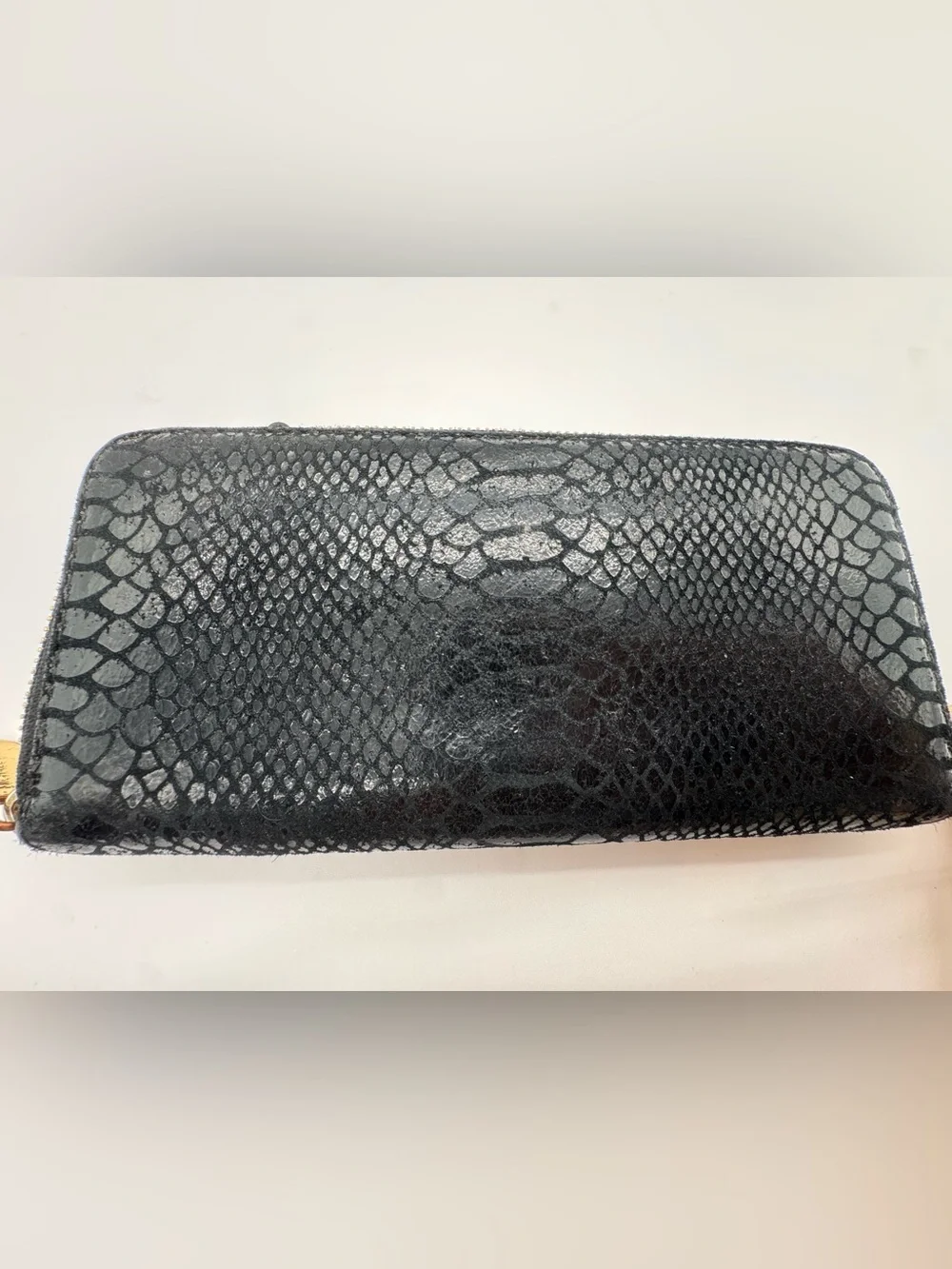 Michael Kors Black Snake-Embossed Zip Wallet with Gold Plaque
